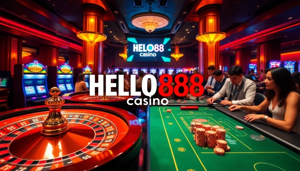 Players enjoying a thrilling game at the HELLO88 casino with colorful chips and roulette wheels.