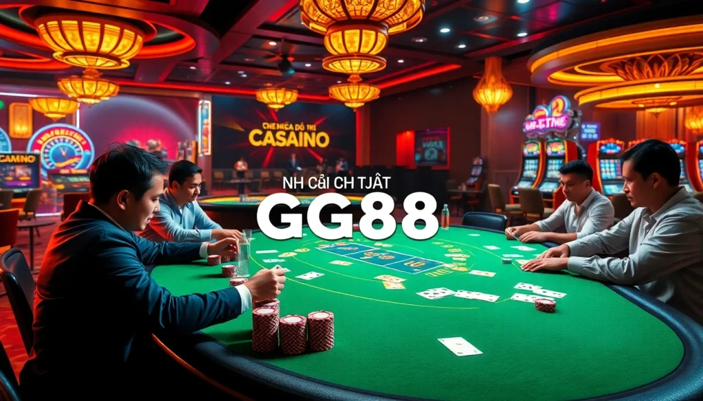 Experience the thrill of gambling at NHÀ CÁI GG88 with high-stakes poker under vivid, ambient lighting featuring exciting casino games.