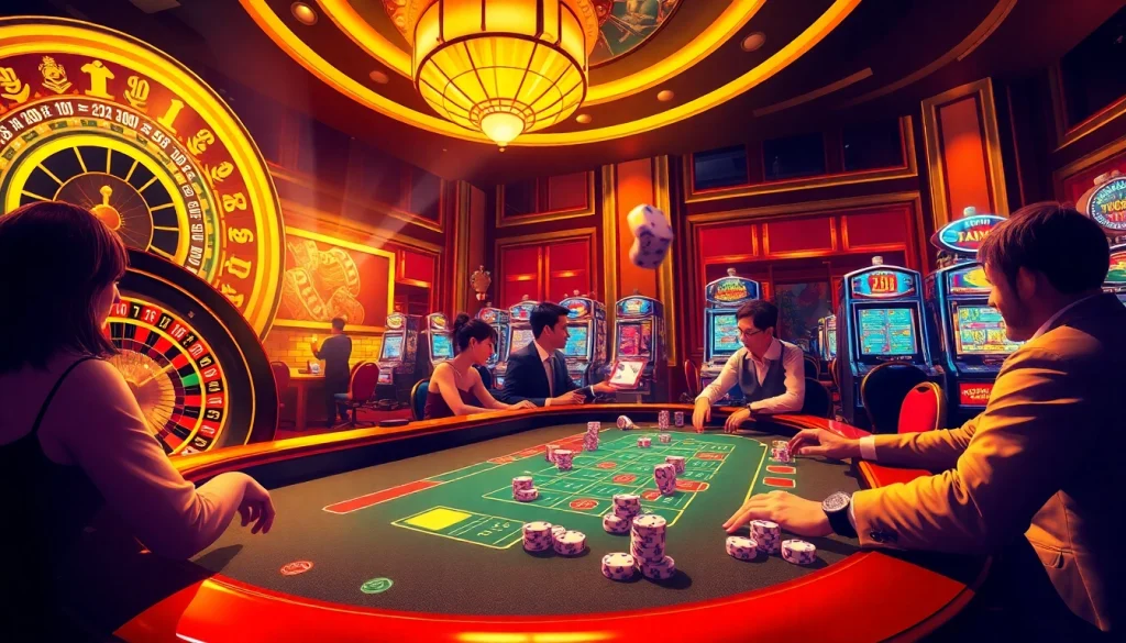 Experience the excitement of https://www.222bd.app/ with players engaged at a glowing poker table surrounded by thrilling casino elements.