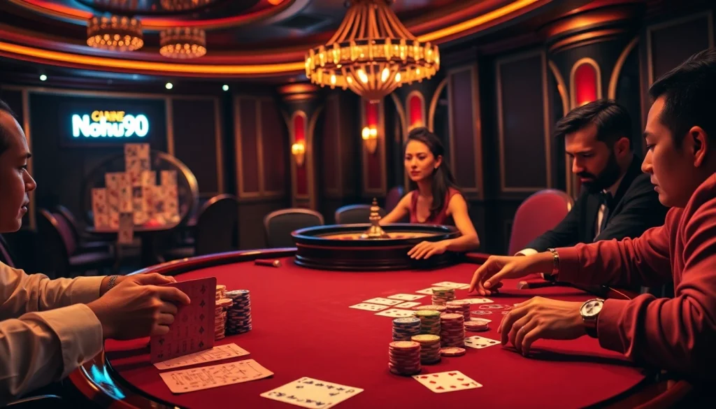 Nohu90 poker game with intense players, chips, and dramatic lighting.